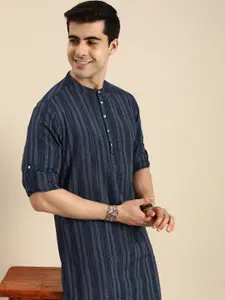 Anouk Men Navy Blue & Gold-Toned Striped Mandarin-Collar Indigo Kurta