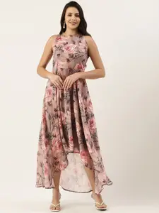 Ethnovog Mauve  Pink Floral Georgette High-Low Hem A-Line Maxi Dress