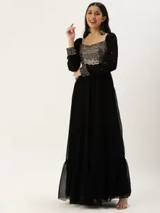 Ethnovog Black Made To Measure Ethnic Motifs Embroidered Mirror Work A-Line Maxi Dress