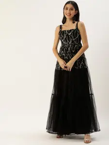 Ethnovog Black Made To Measure Ethnic Motifs Embellished Net A-Line Maxi Dress