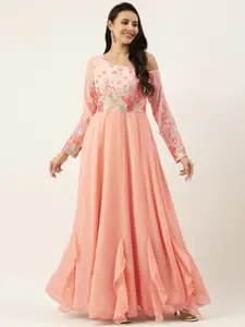 Ethnovog Peach-Coloured Floral Embroidered Off-Shoulder Georgette Maxi Dress