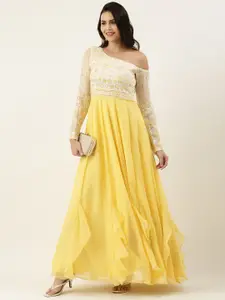 Ethnovog White  Yellow Floral Embroidered Off-Shoulder Georgette Maxi Dress
