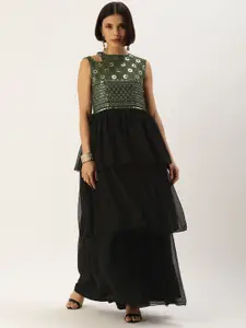 Ethnovog Black  Green Made To Measure Ethnic Motifs Embroidered Layered A-Line Dress