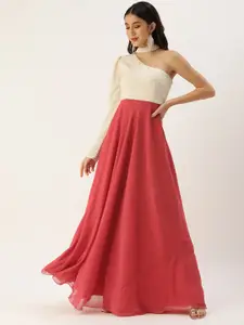 Ethnovog Pink  White Made To Measure Ethnic Motifs One Shoulder A-Line Maxi Dress