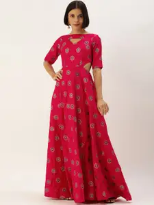Ethnovog Pink  Golden Ethnic Motifs Maxi Dress
