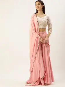 Ethnovog Women White  Pink Ethnic Motifs Sequinned Top with Palazzos  With Dupatta