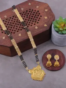 Brandsoon Gold-Plated & Black Beaded Mangalsutra With Earrings