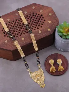 Brandsoon Gold-Plated & Black Beaded Mangalsutra With Earrings