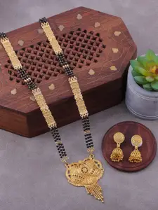 Brandsoon One Gram Gold-Plated & Black Beaded Mangalsutra With Earrings