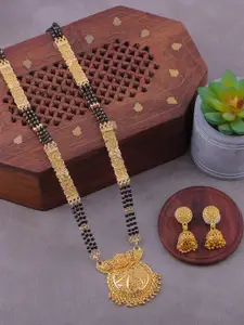 Brandsoon Gold-Plated Black Beaded Mangalsutra WIth Earrings