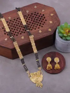Brandsoon Gold-Plated & Black Beaded Mangalsutra With Earrings