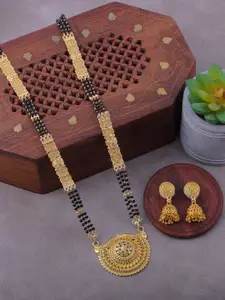 Brandsoon Gold-Plated & Black Beaded Mangalsutra With Earrings