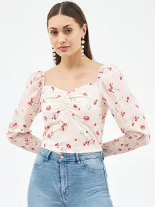 Harpa Cream-Coloured & Red Floral Print Sweetheart Neck Smocked Crepe Crop Top