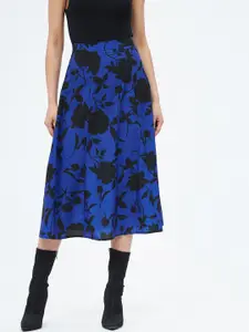 Harpa Women Blue & Black Printed A-Line Midi Skirt