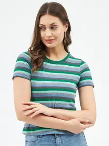Harpa Women Grey & Green Color Blocked Striped T-shirt