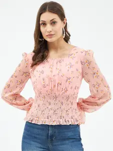 Harpa Women Peach Coloured Floral Print Chiffon Cinched Waist Ruched Crop Top