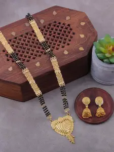 Brandsoon Gold-Plated Black Beaded Long Mangalsutra With Earrings