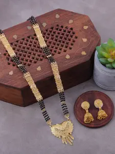 Brandsoon Gold-Plated & Black Beaded Mangalsutra With Earrings