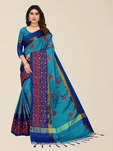SERONA FABRICS Turquoise Blue & Green Floral Embroidered Silk Cotton  Saree