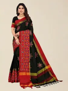 SERONA FABRICS Black & Red Embellished Embroidered Silk Cotton Saree