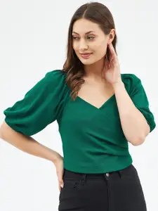 Harpa Womens Solid Green Puff Sleeve Top