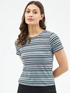 Harpa Women Grey & Blue Striped T-shirt