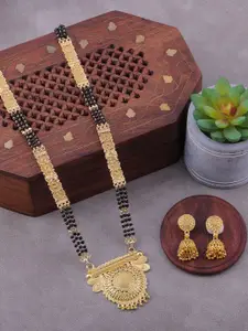 Brandsoon Gold-Plated Black Beaded Mangalsutra With Earrings