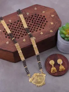 Brandsoon Gold-Plated & Black Beaded Mangalsutra With Earrings