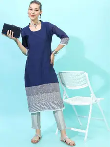 Vishudh Women Navy Blue & Grey Colourblocked Shawl Neck Kurta