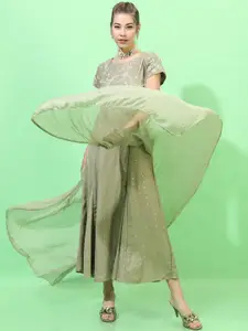 Vishudh Women Olive Green Ethnic Maxi Dress With Dupatta