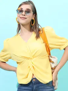 Tokyo Talkies Yellow Twisted Crepe Wrap V-Neck Top