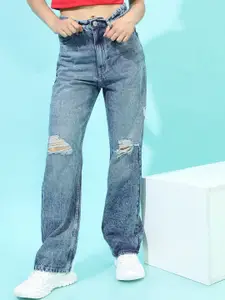 Tokyo Talkies Women Blue Straight Fit Highly Distressed Heavy Fade Jeans