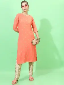 Vishudh Women Orange Geometric Embroidered Thread Work Georgette Kurta