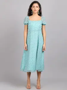 MARC LOUIS Sea Green Ethnic Motifs Georgette A-Line Midi Dress