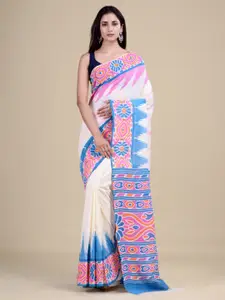Laa Calcutta White & Blue Woven Design Jute Silk Jamdani Saree