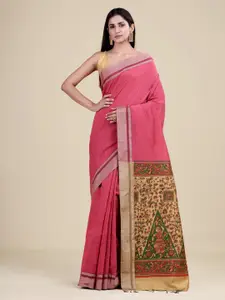 Laa Calcutta Pink & Green Zari Jute Silk Jamdani Saree