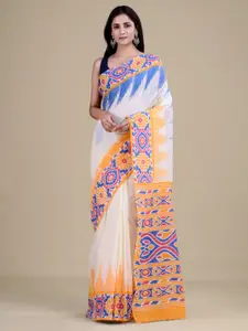 Laa Calcutta White & Blue Woven Design Jute Silk Jamdani Saree
