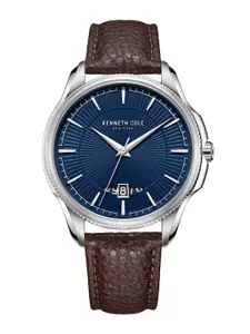 Kenneth Cole Men Blue Dial & Brown Leather Textured Straps Analogue Watch