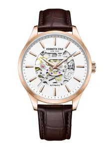 Kenneth Cole Men White Embellished Dial & Brown Leather Textured Straps Analogue Watch