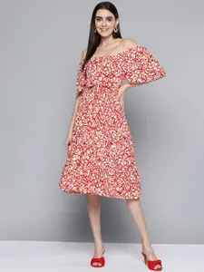 Femella Red & White Floral Printed Off-Shoulder A-Line Midi Dress