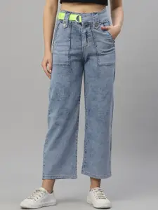 KASSUALLY Women Blue Wide Leg High-Rise Heavy Fade Jeans