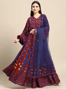 Anouk Navy Blue & Red Striped Ready to Wear Lehenga & Blouse With Dupatta