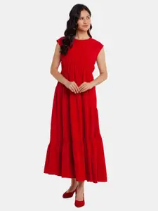 Zink London Red Solid Sleeveless Tiered Maxi Dress