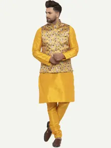 Kaifoo Men Yellow Solid Kurta with Churidar With Printed Nehru Jacket