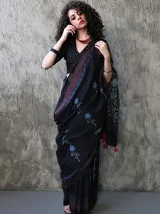 Chidiyaa Black & Blue Floral Pure Cotton Saree
