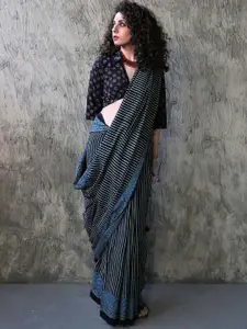 Chidiyaa Black & White Striped Pure Cotton Saree