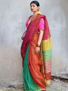 Chidiyaa Blue & Pink Colourblocked Zari Pure Linen Saree
