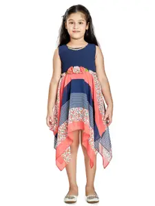 Peppermint Girls Navy Blue & Pink Printed Asymmetric Dress