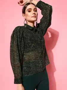 STREET 9 Women Green Comfort Boxy Sheer Printed Casual Shirt