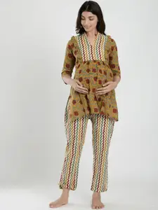 Ikk Kudi by Seerat Mustard Floral Print Maternity & Nursing Cotton Kurta with Pant Set